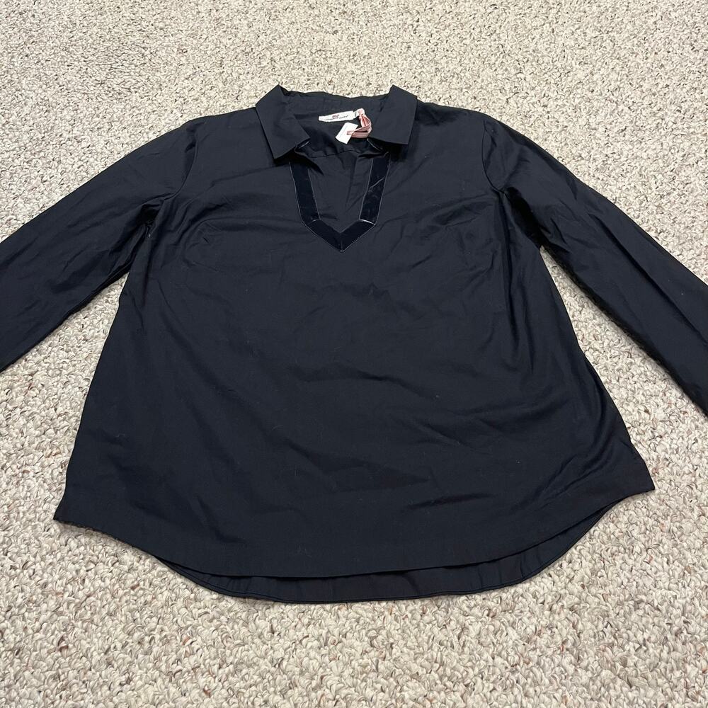 Vineyard Vines Black V-Neck Collared Long Sleeve Blouse